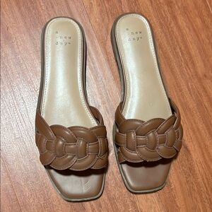 A New Day Brown Braided Leather Slide Sandals